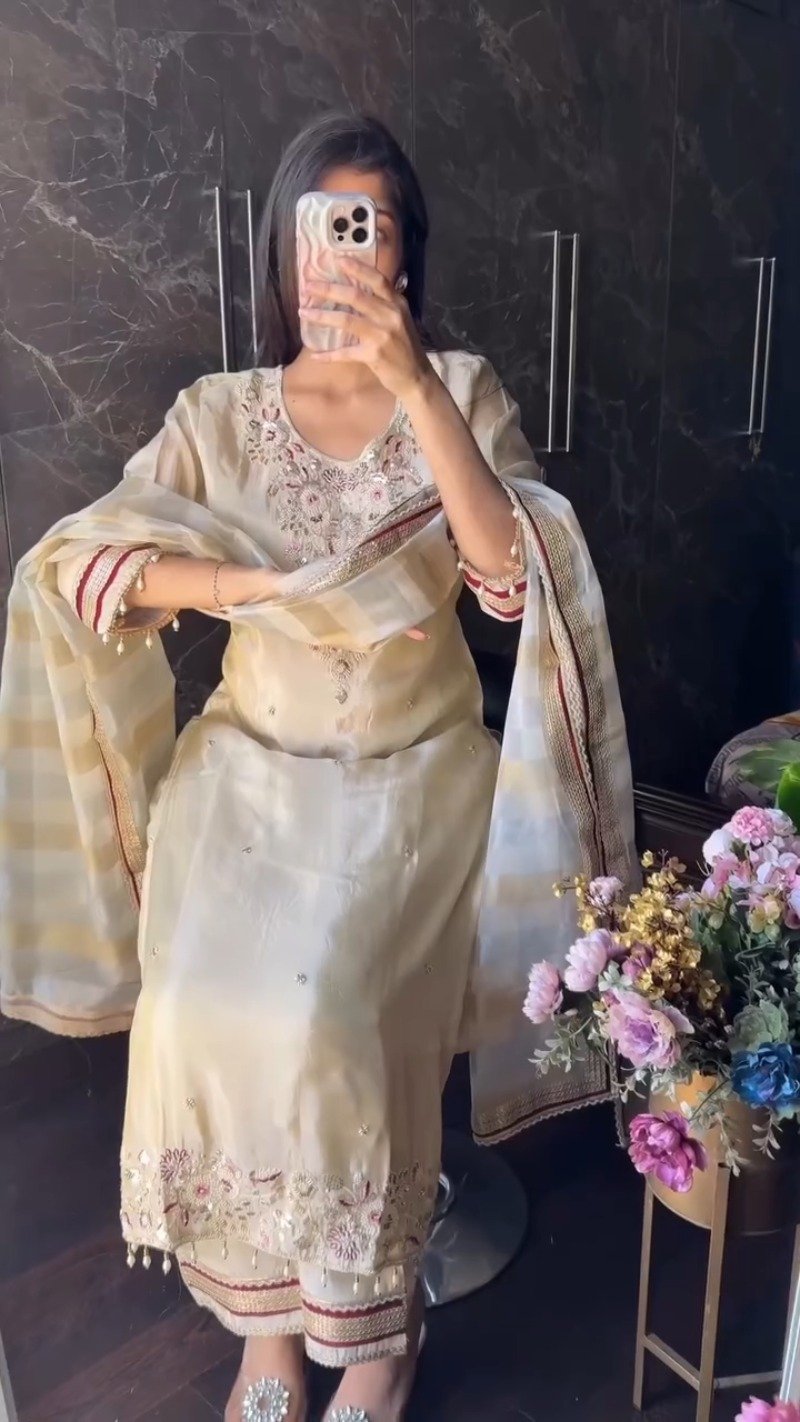 Ethereal Pearl Cream Embroidered Silk Kurta Set with Striped Organza Dupatta