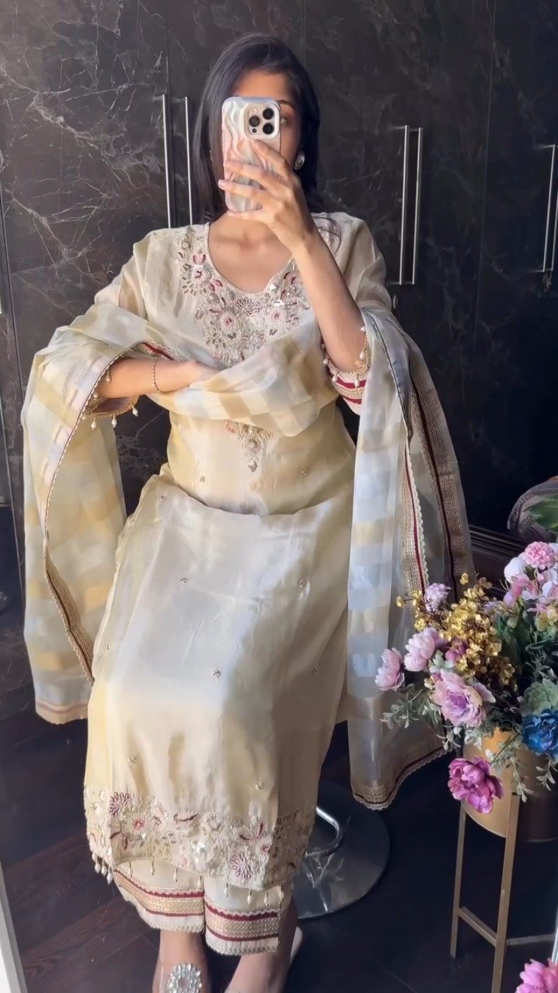 Ethereal Pearl Cream Embroidered Silk Kurta Set with Striped Organza Dupatta