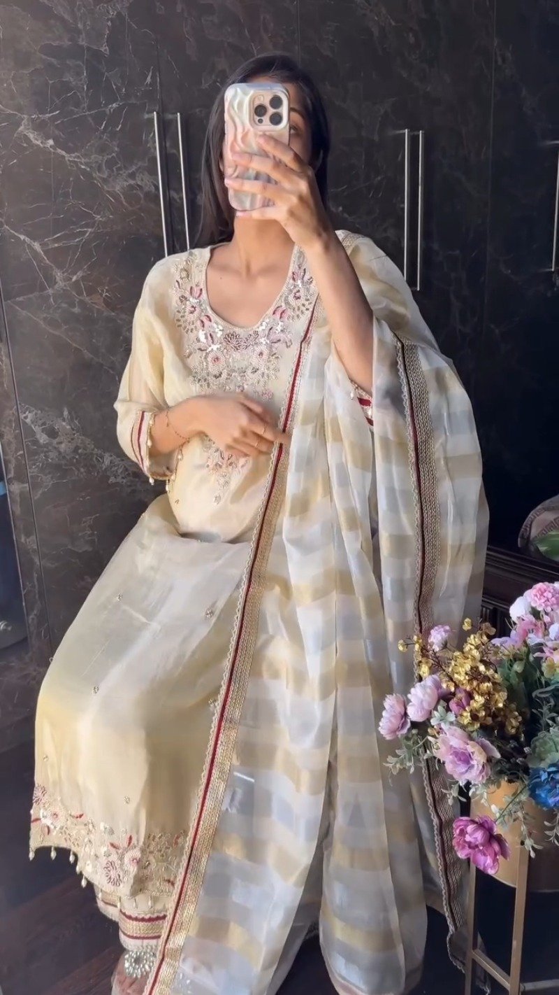 Ethereal Pearl Cream Embroidered Silk Kurta Set with Striped Organza Dupatta