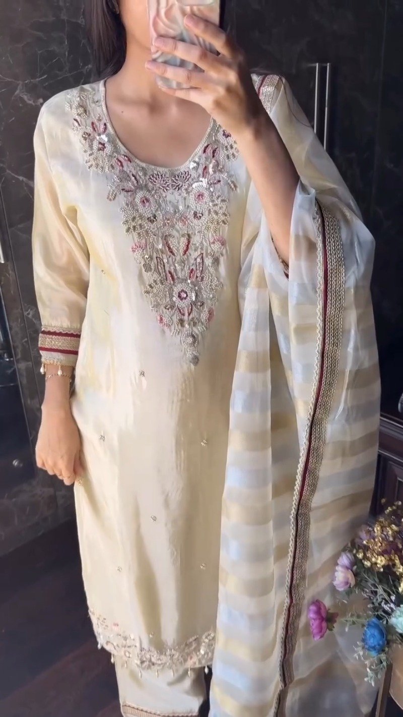 Ethereal Pearl Cream Embroidered Silk Kurta Set with Striped Organza Dupatta