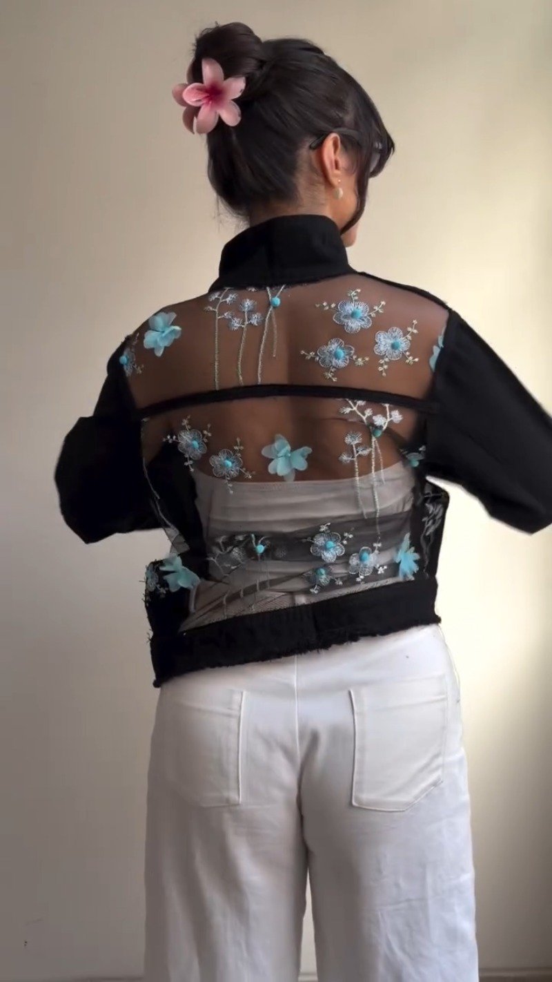 Sheer Floral Organza Statement Jacket – Available in Midnight Black & Classic Denim