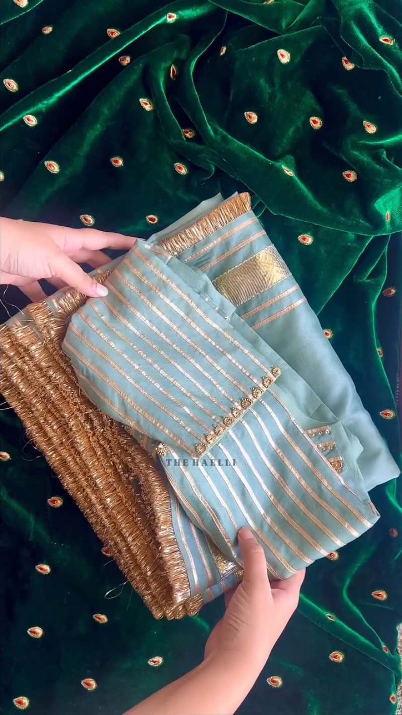 Ethereal Sage & Regal Emerald Handcrafted Gota-Patti Ensemble – Available in Sage Green & Deep Emerald