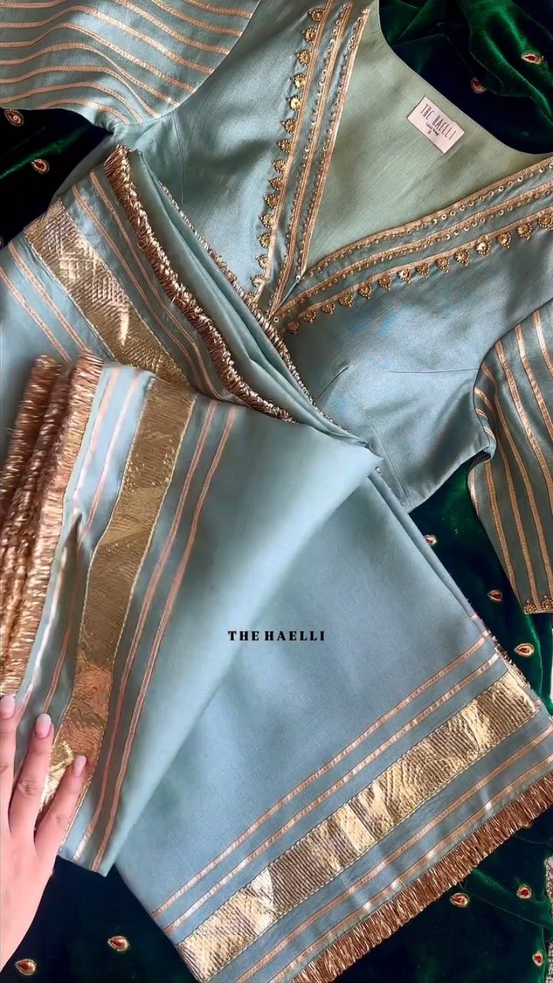 Ethereal Sage & Regal Emerald Handcrafted Gota-Patti Ensemble – Available in Sage Green & Deep Emerald