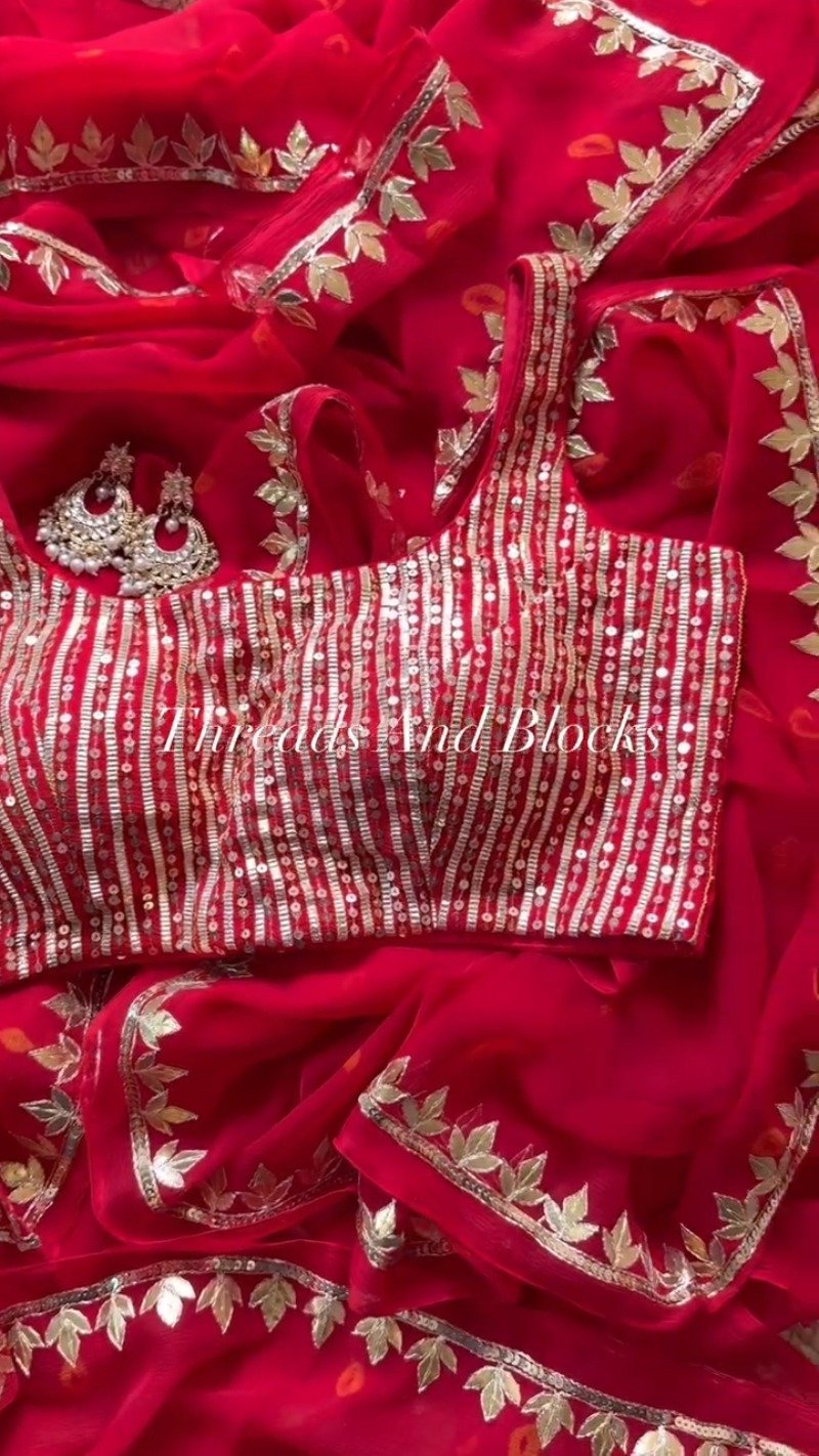 Fiery Crimson Gota Patti Silk Chiffon Saree with Sequin Striped Blouse
