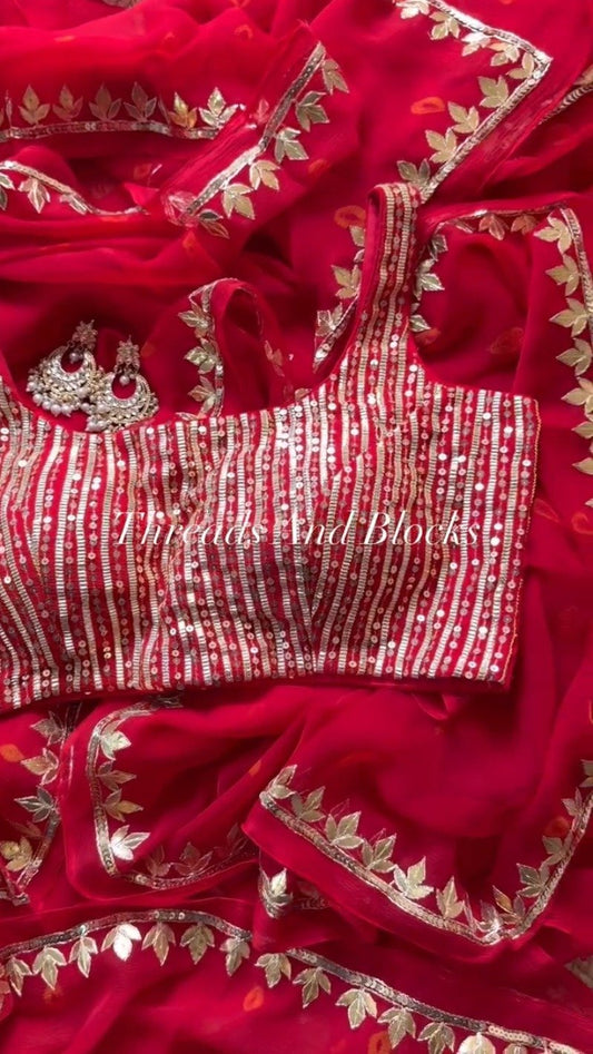 Fiery Crimson Gota Patti Silk Chiffon Saree with Sequin Striped Blouse