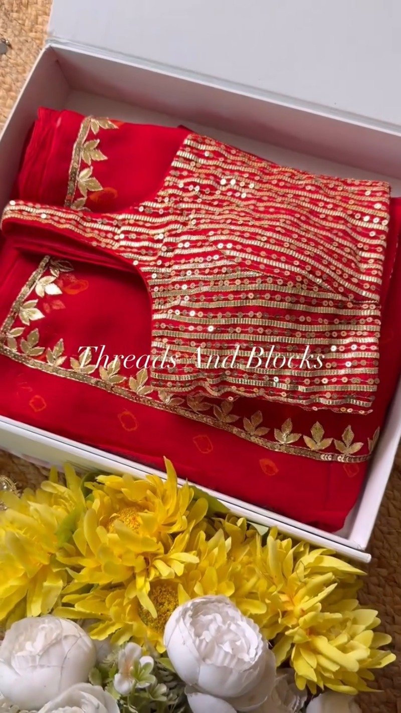 Fiery Crimson Gota Patti Silk Chiffon Saree with Sequin Striped Blouse