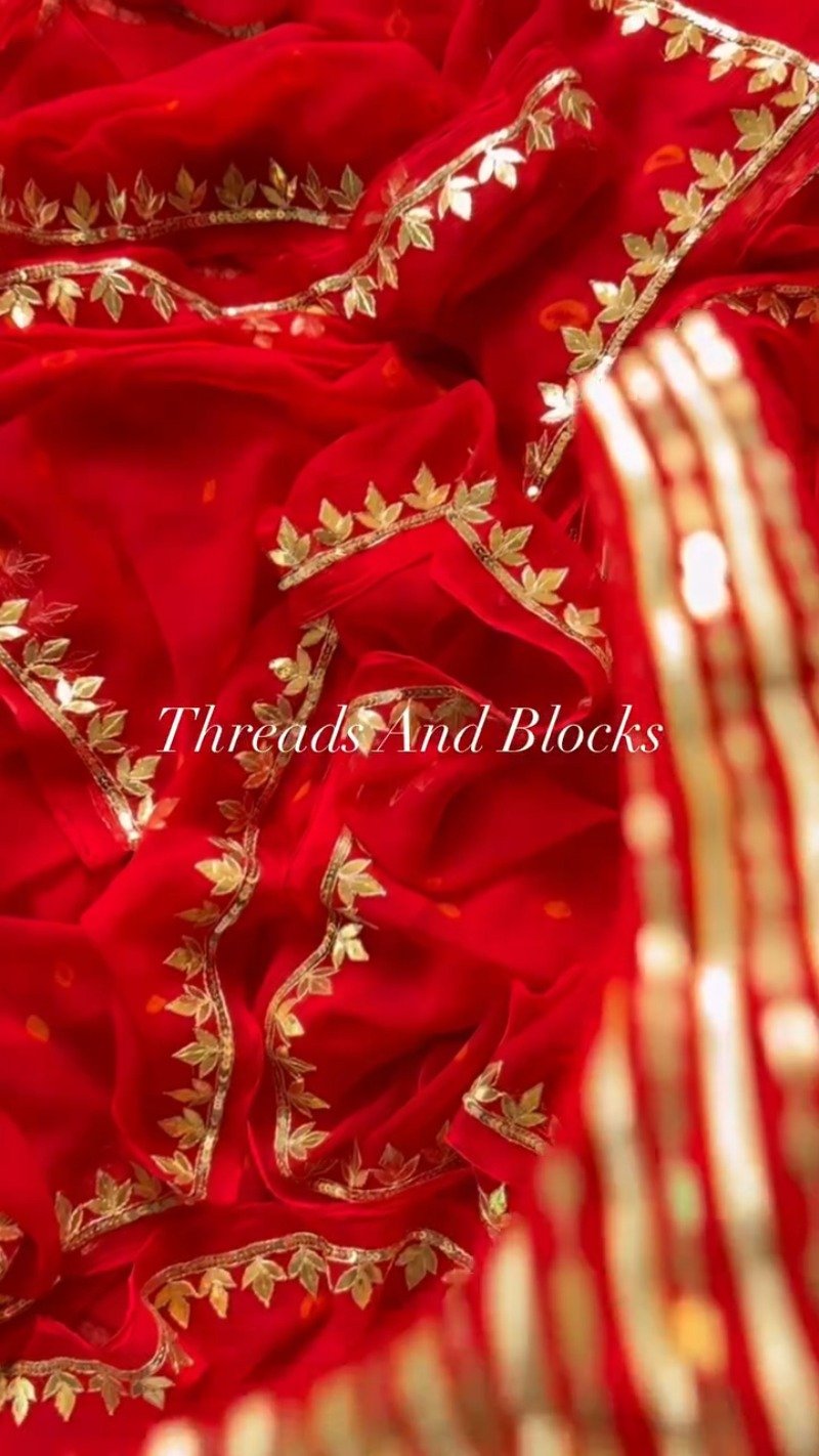 Fiery Crimson Gota Patti Silk Chiffon Saree with Sequin Striped Blouse