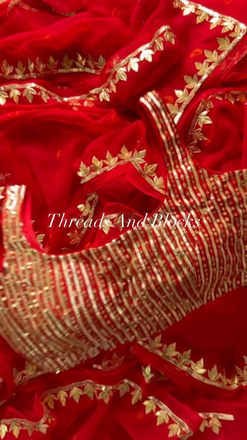 Fiery Crimson Gota Patti Silk Chiffon Saree with Sequin Striped Blouse