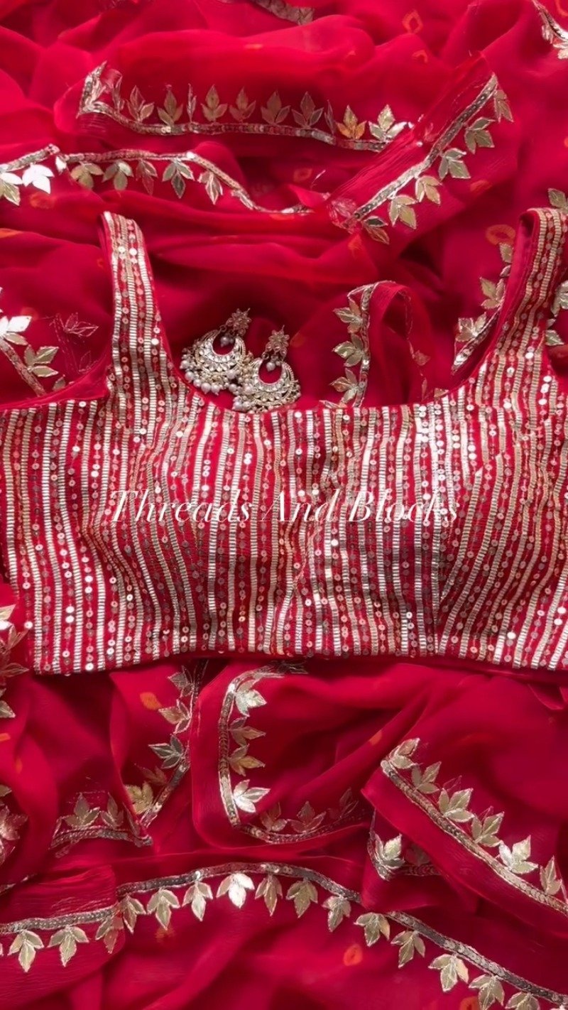 Fiery Crimson Gota Patti Silk Chiffon Saree with Sequin Striped Blouse