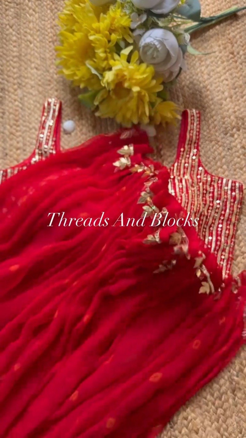 Fiery Crimson Gota Patti Silk Chiffon Saree with Sequin Striped Blouse