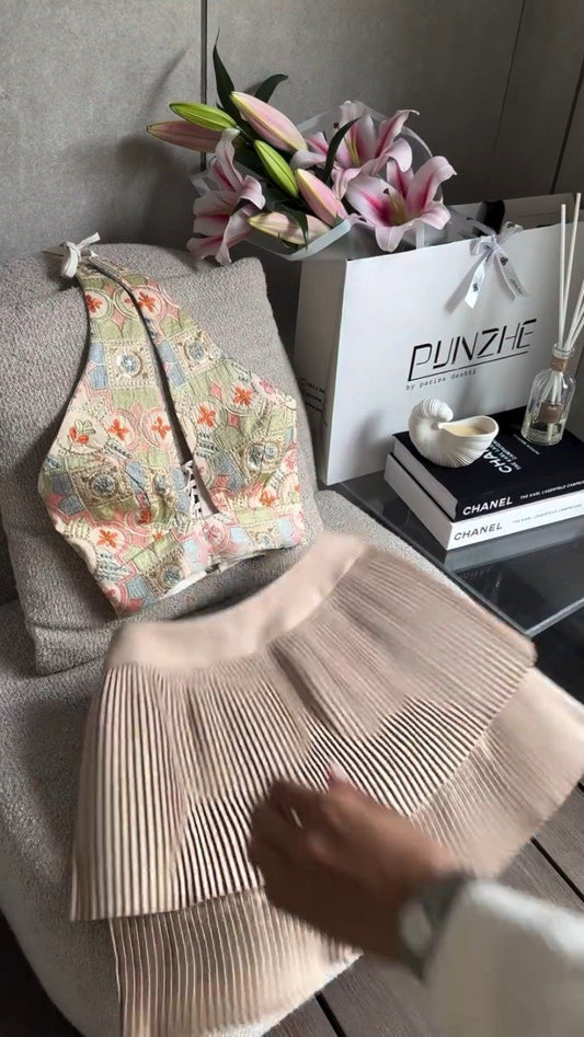 Artisan Embroidered Corset Top & Tiered Pleated Skirt Set – Available in Cream, Pastel Pink, Blue & Ivory
