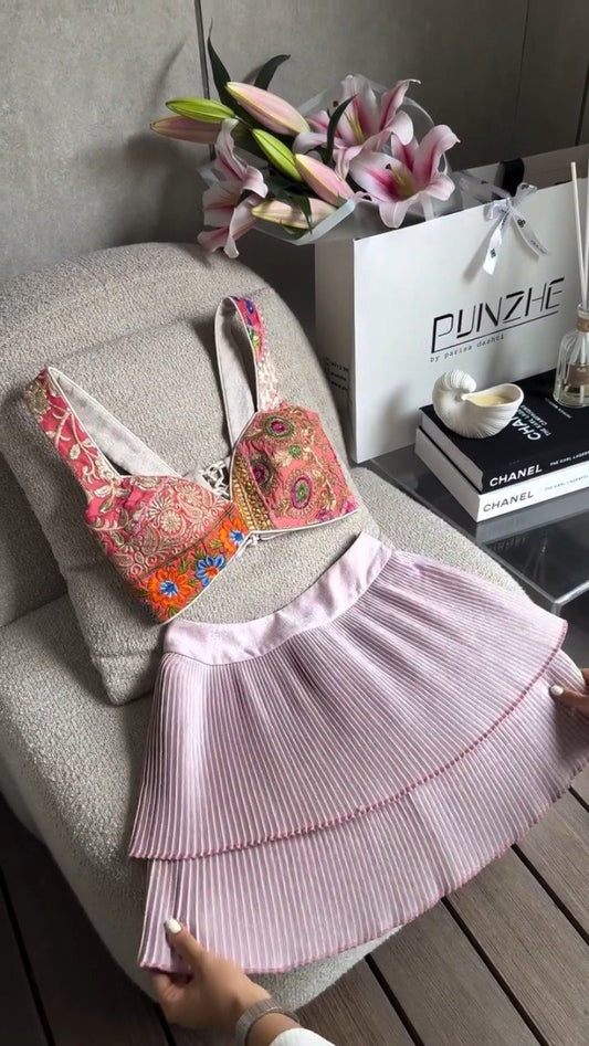 Artisan Embroidered Corset Top & Tiered Pleated Skirt Set – Available in Cream, Pastel Pink, Blue & Ivory