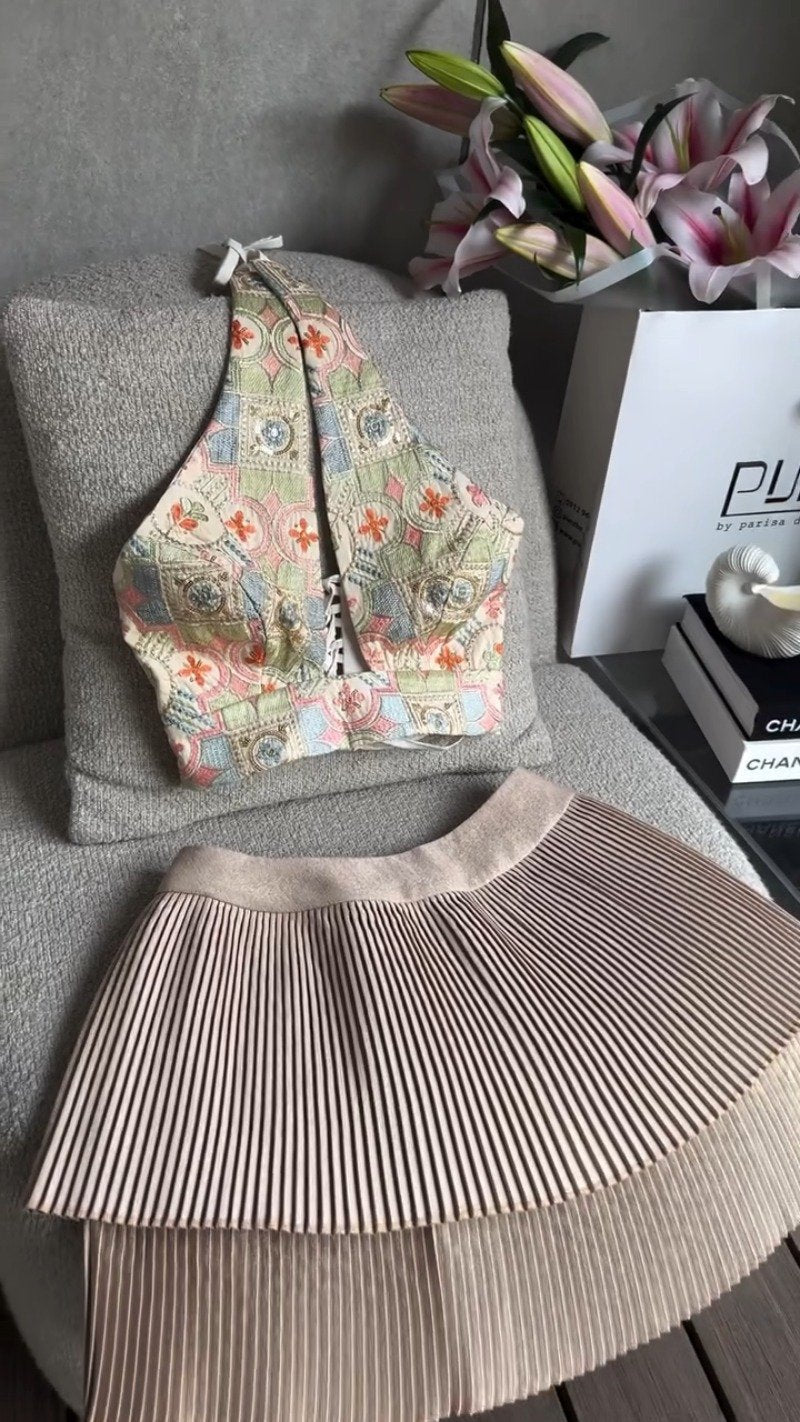 Artisan Embroidered Corset Top & Tiered Pleated Skirt Set – Available in Cream, Pastel Pink, Blue & Ivory