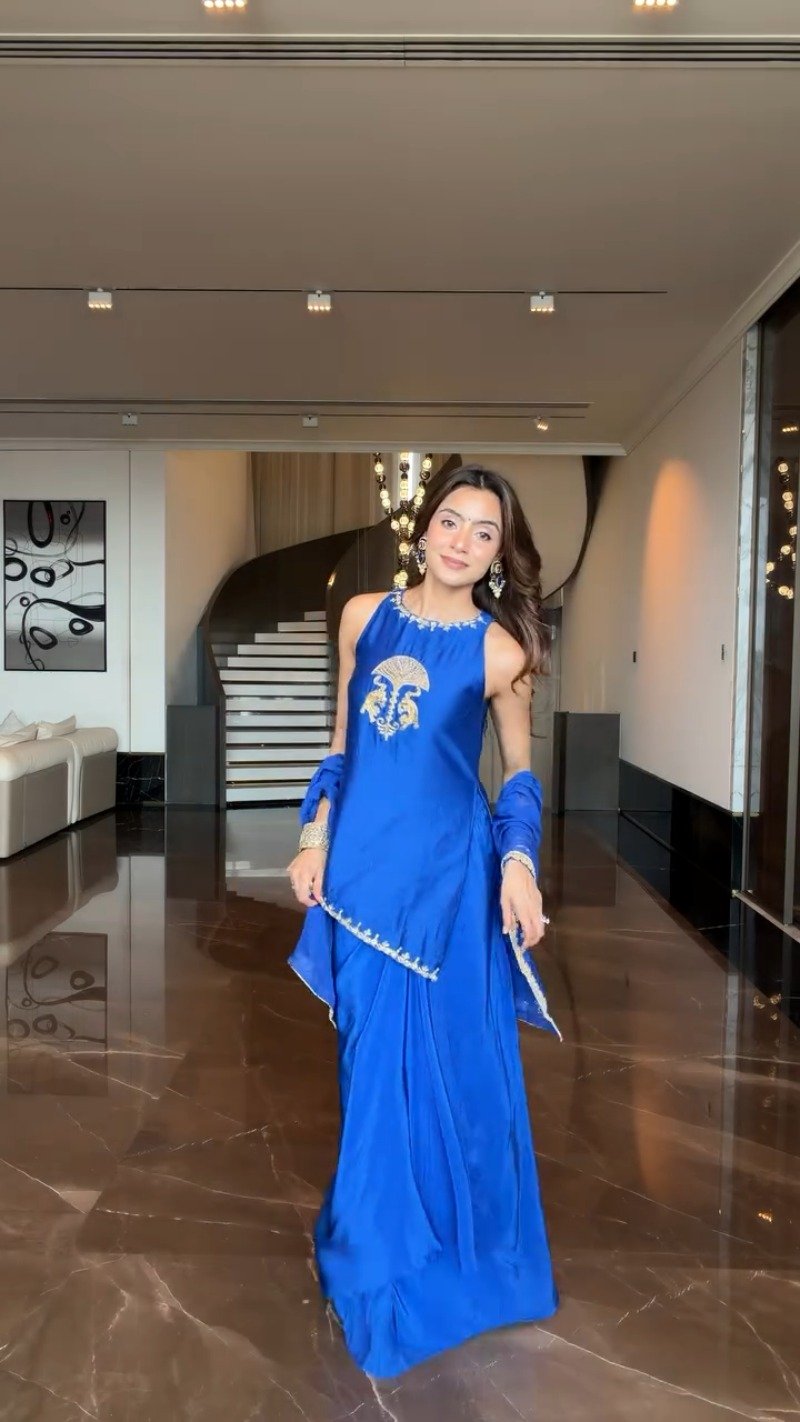 Royal Cobalt Blue Embroidered Halter-Neck Co-ord Set with Matching Dupatta