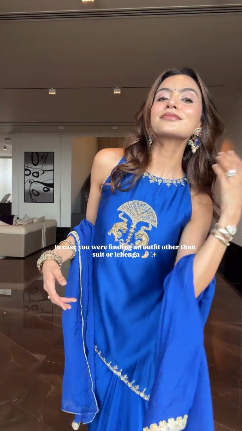 Royal Cobalt Blue Embroidered Halter-Neck Co-ord Set with Matching Dupatta
