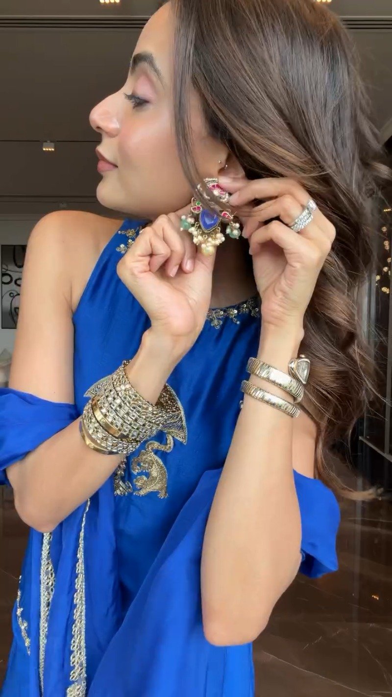 Royal Cobalt Blue Embroidered Halter-Neck Co-ord Set with Matching Dupatta