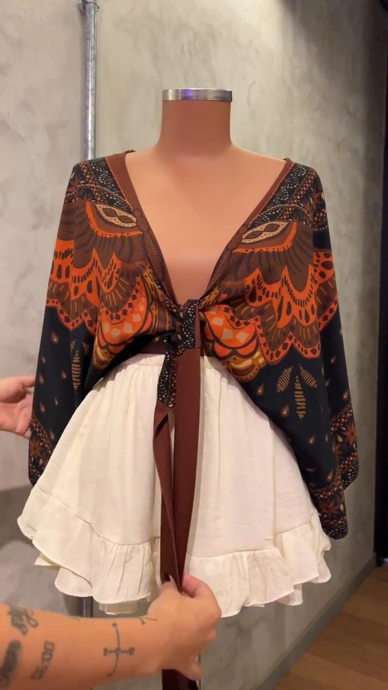 Bohemian Butterfly Wrap-Front Top and Ruffled Skirt Set