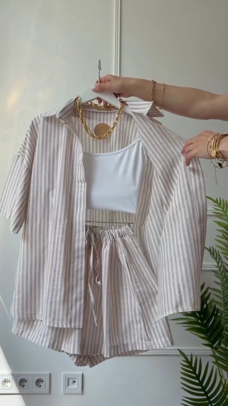Coastal Chic Striped Co-ord Set with Tank Top – Available in Blush Pink & Sand Beige
