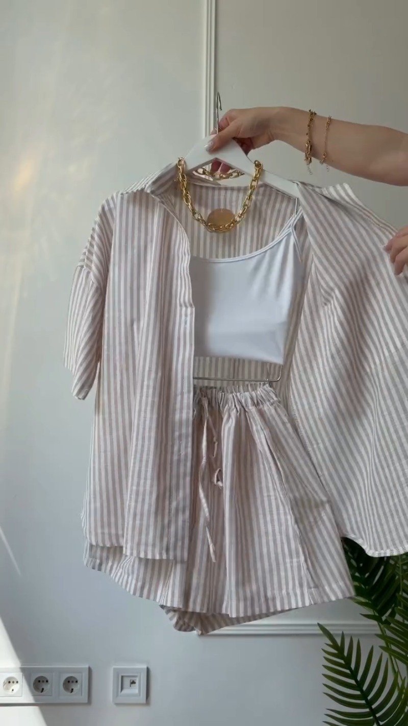 Coastal Chic Striped Co-ord Set with Tank Top – Available in Blush Pink & Sand Beige