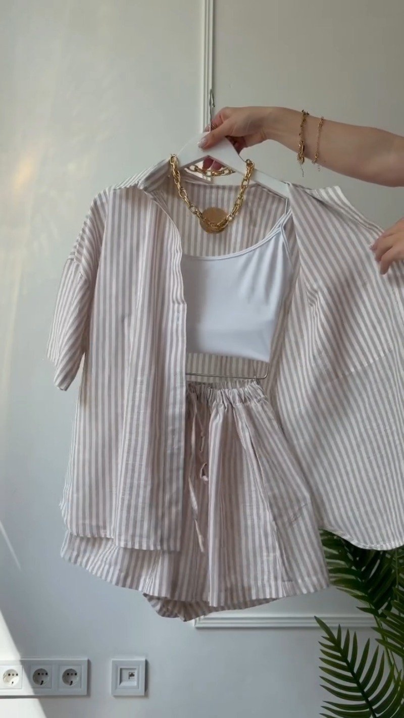 Coastal Chic Striped Co-ord Set with Tank Top – Available in Blush Pink & Sand Beige