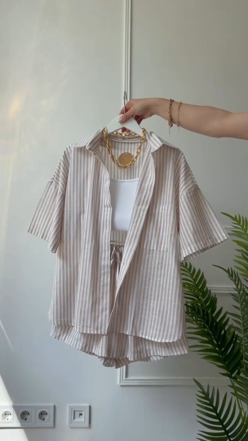 Coastal Chic Striped Co-ord Set with Tank Top – Available in Blush Pink & Sand Beige