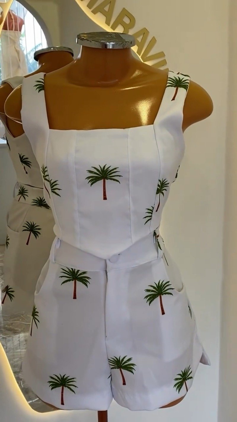 Tropical Palm Print White Co-ord Set with Corset-Style Top & Shorts