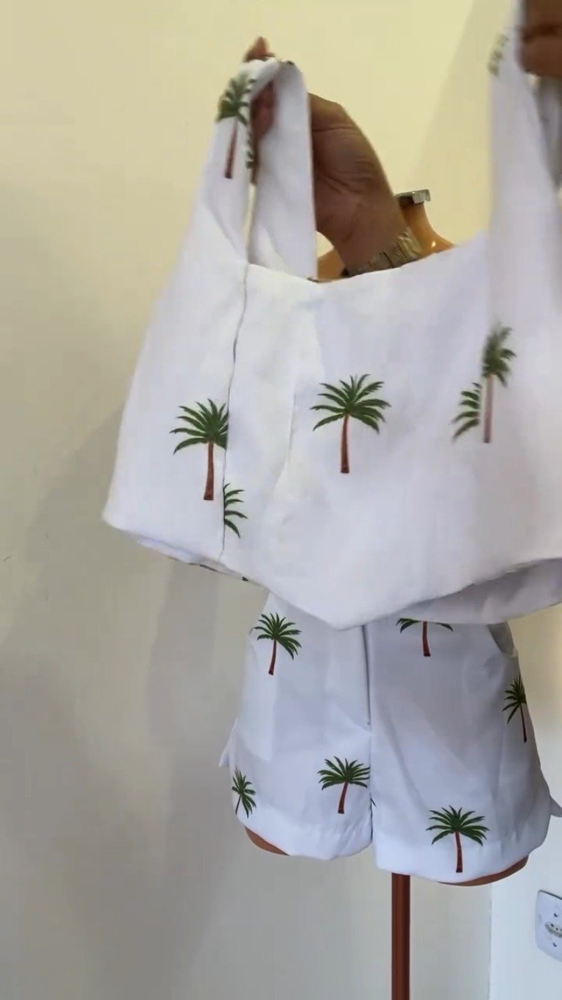 Tropical Palm Print White Co-ord Set with Corset-Style Top & Shorts