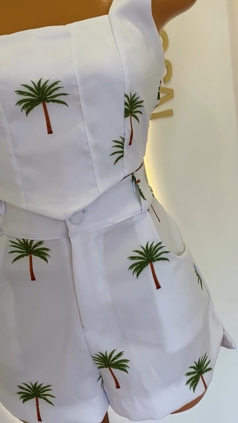 Tropical Palm Print White Co-ord Set with Corset-Style Top & Shorts