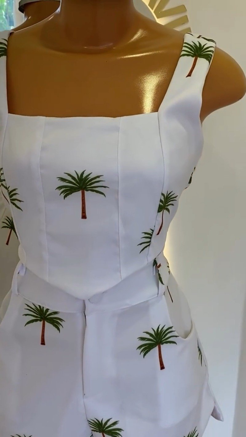 Tropical Palm Print White Co-ord Set with Corset-Style Top & Shorts