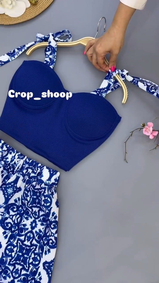 Mediterranean Cobalt Blue Corset & Printed Trouser Co-ord Set