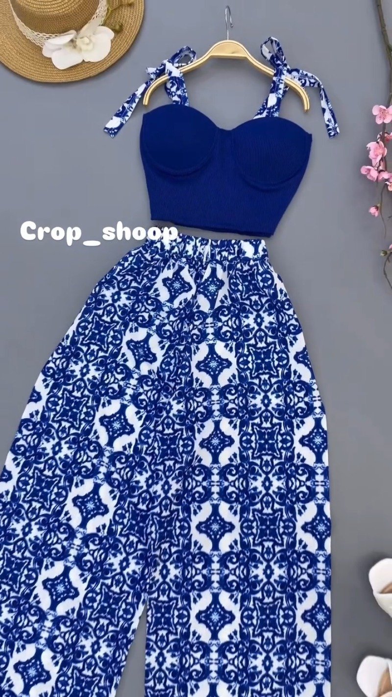 Mediterranean Cobalt Blue Corset & Printed Trouser Co-ord Set