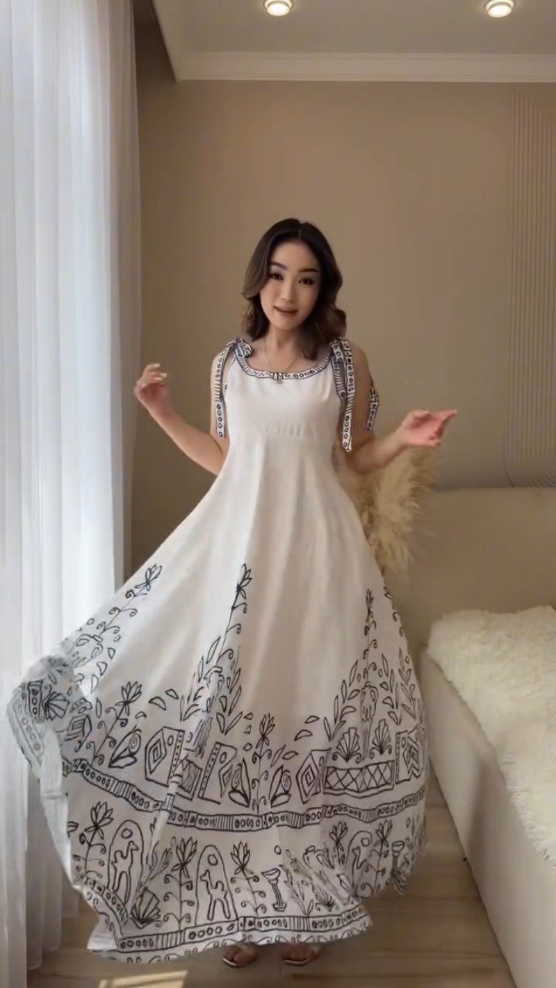 Bohemian Elegance Embroidered White Midi Dress with Tie-Up Shoulders