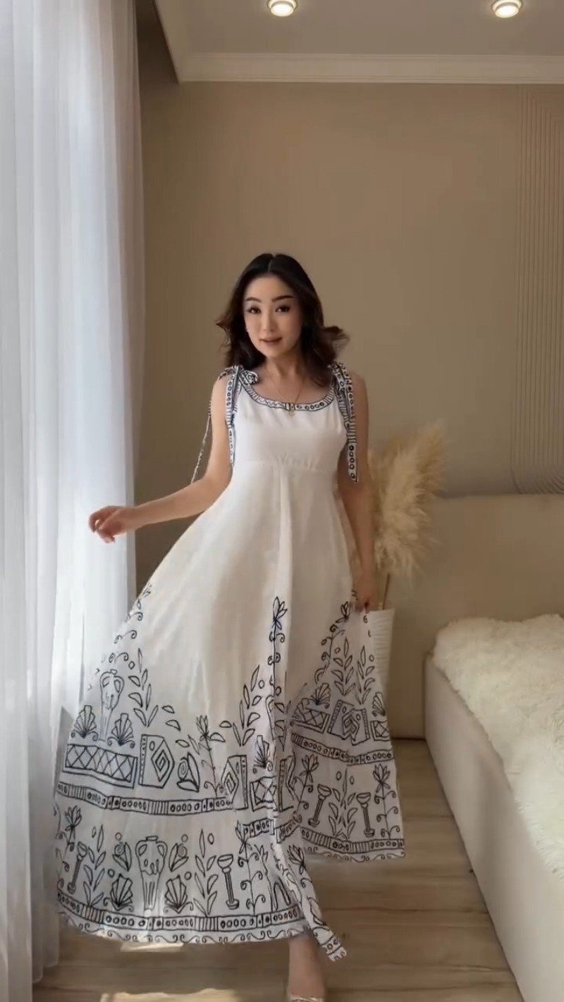 Bohemian Elegance Embroidered White Midi Dress with Tie-Up Shoulders