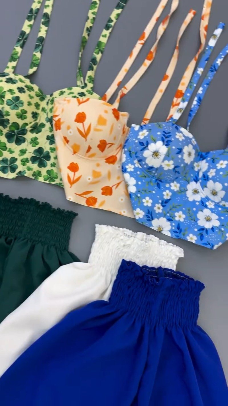 Enchanting Floral Corset Top & Smocked Skirt Co-Ord Set – Available in Clover Green, Peach Tulip & Blue Daisy
