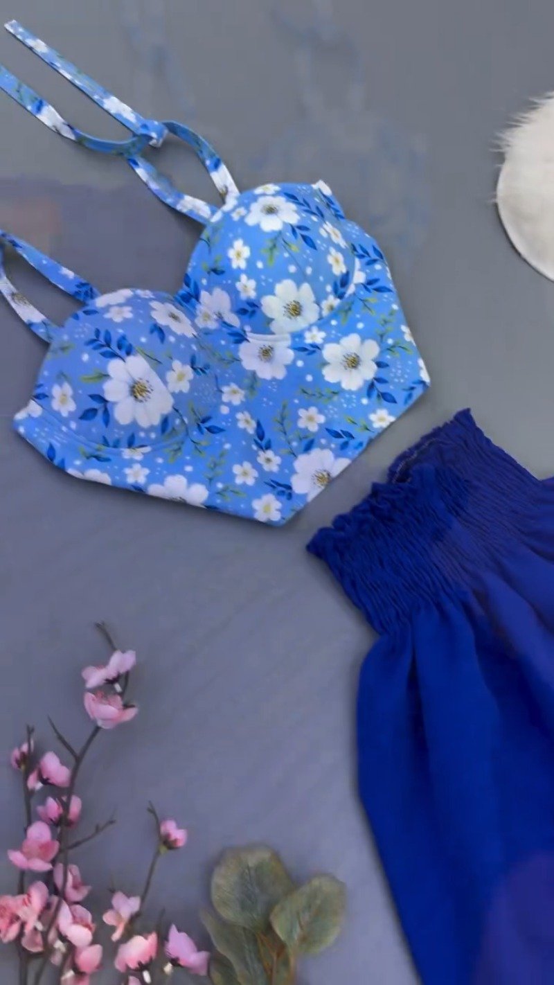 Enchanting Floral Corset Top & Smocked Skirt Co-Ord Set – Available in Clover Green, Peach Tulip & Blue Daisy