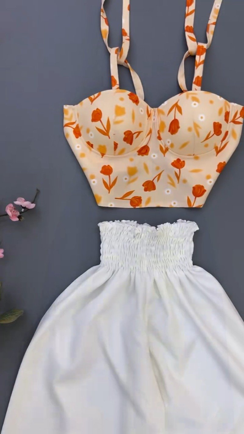 Enchanting Floral Corset Top & Smocked Skirt Co-Ord Set – Available in Clover Green, Peach Tulip & Blue Daisy