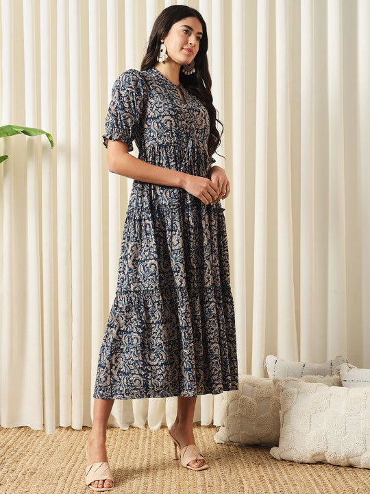 Navy Blue Ethnic Printed Tiered Fit and Flare Midi Dress