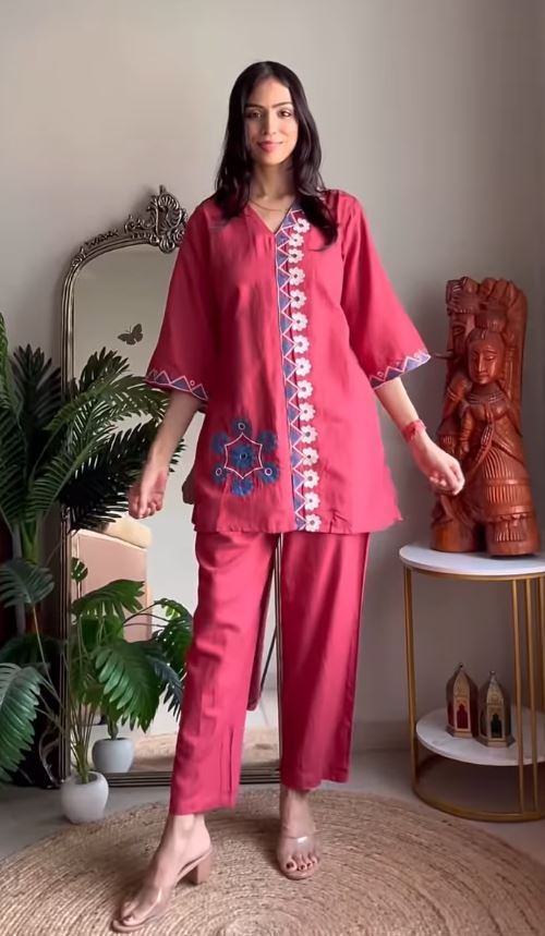 Pure Cotton V-Neck Tunic and Panelled Palazzo Co-ord Set