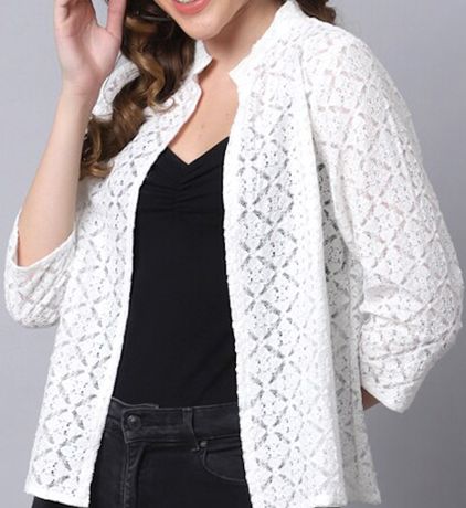 Women White Self-Design Open-Front Cotton Shrug