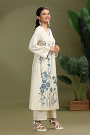 Cotton Floral Embroidered A-Line Kurta and Pant Set