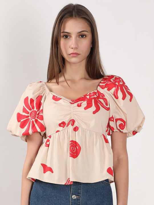 Women Floral Print Balloon Sleeve Peplum Top