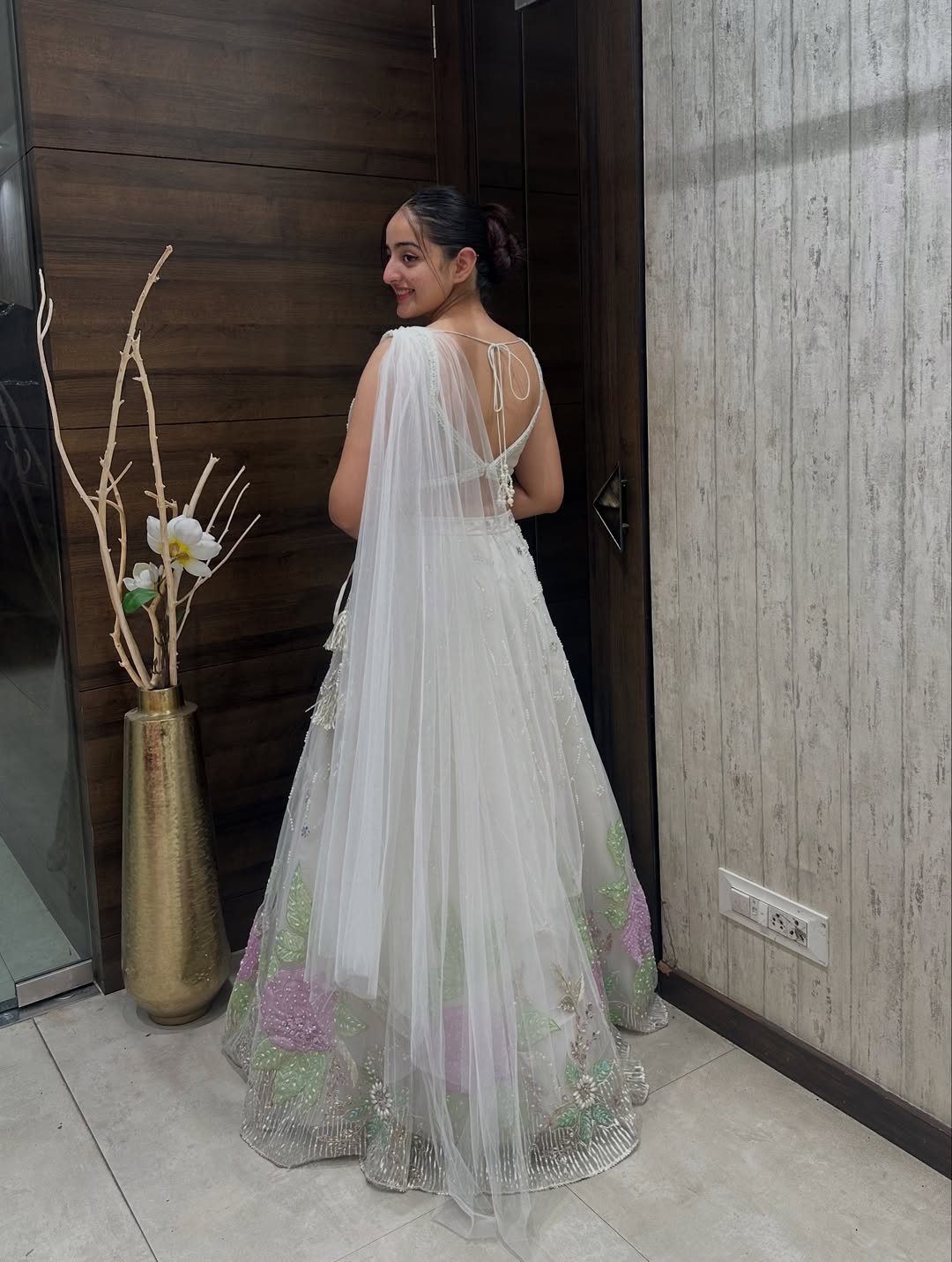 White Embroidered Net Gown with Pastel Floral Work
