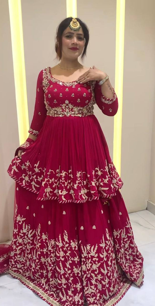 Beautiful Red Color Embroidered Kediya Style Top With Designer Lehenga