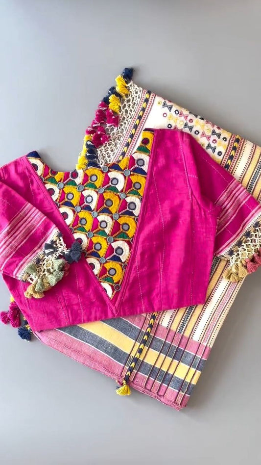 Bhujodi kala cotton saree with ready blouse with kutch embroidery