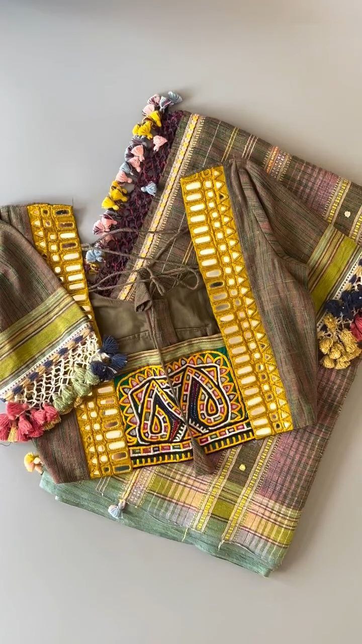 Bhujodi kala cotton saree with ready blouse with kutch embroidery