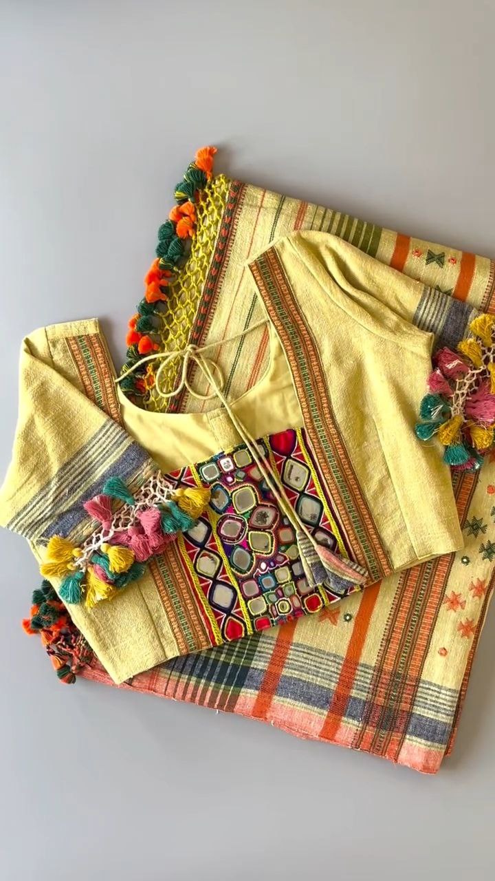 Bhujodi kala cotton saree with ready blouse with kutch embroidery