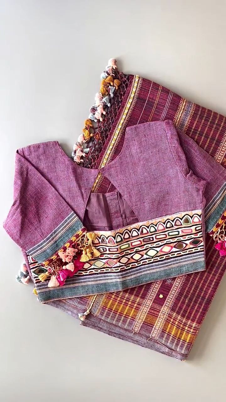 Bhujodi kala cotton saree with ready blouse with kutch embroidery