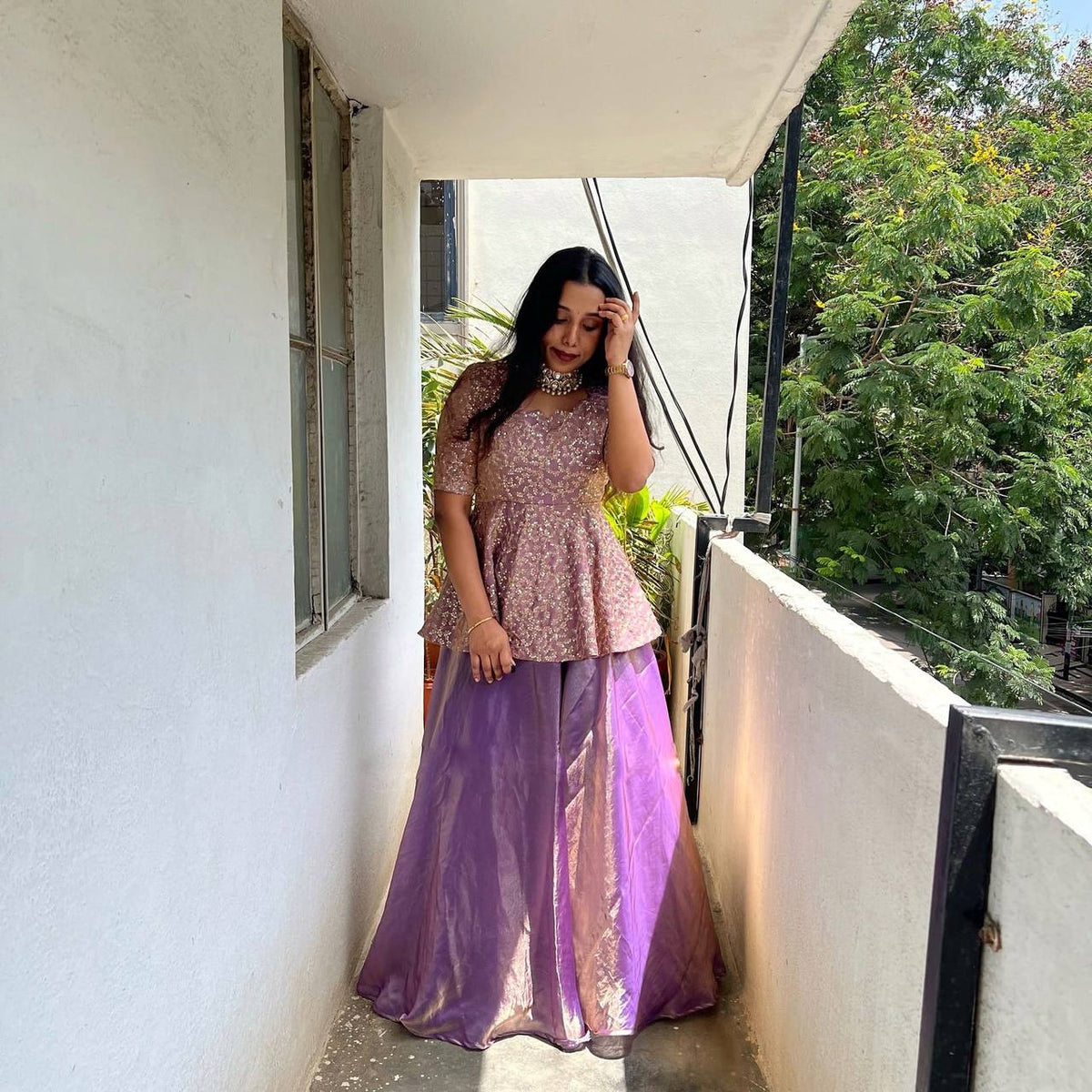 Beautiful Lavender Color Silk Embroidered Top With Lehenga