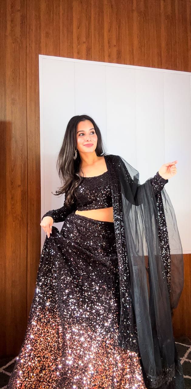 Party Wear Black Color Sequine Work Lehenga Choli