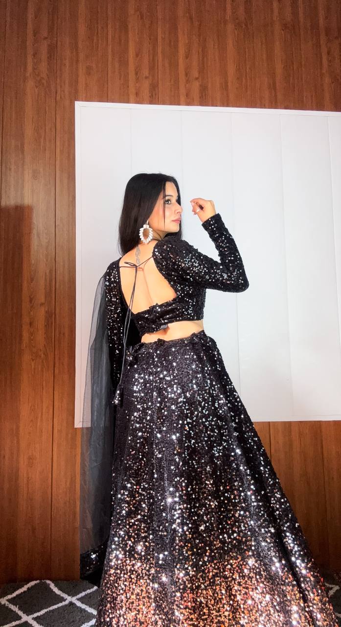 Party Wear Black Color Sequine Work Lehenga Choli